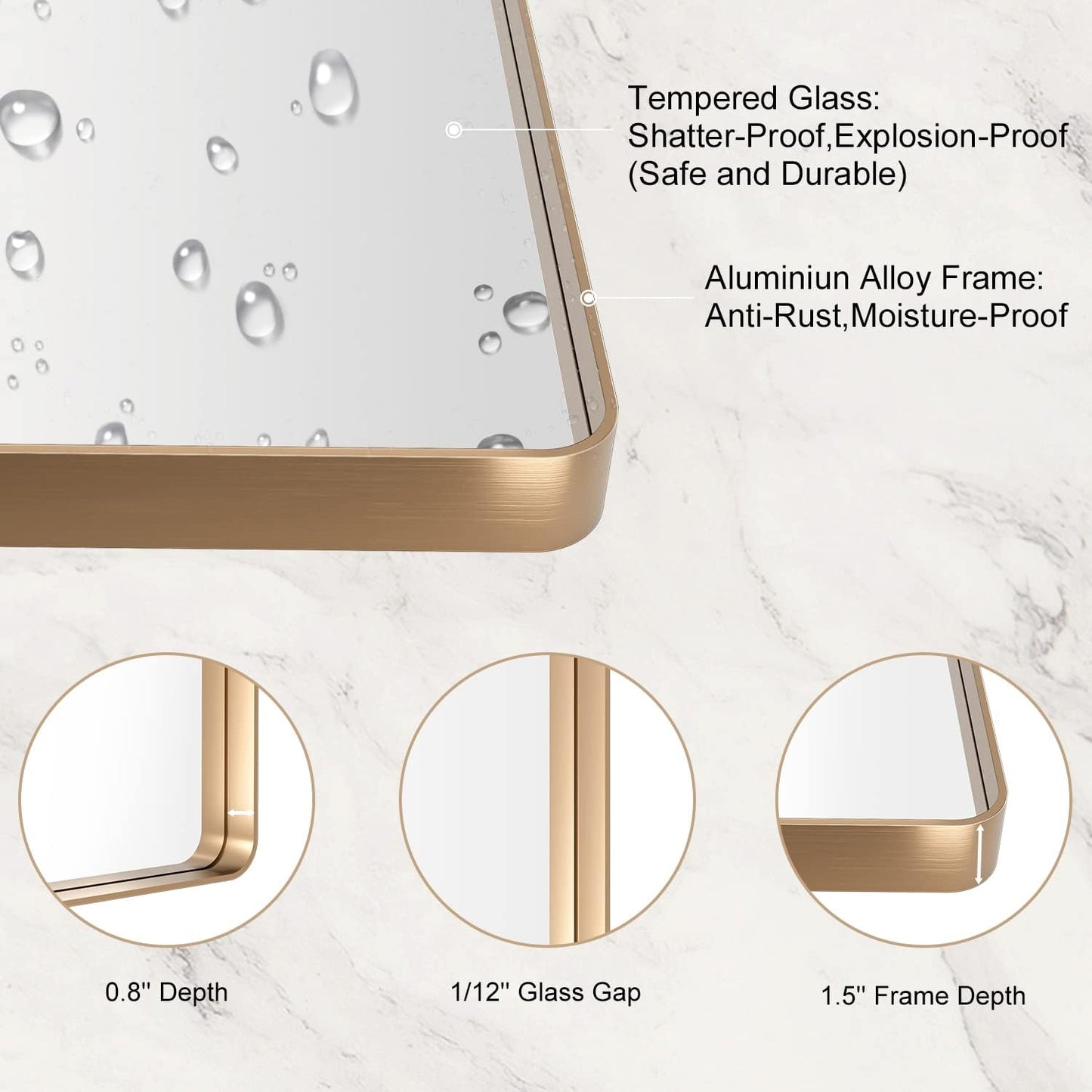 LOAAO Gold Bathroom Mirror - 28”X36” Rounded Rectangle Design | Wall-Mounted, Anti-Rust Tempered Glass