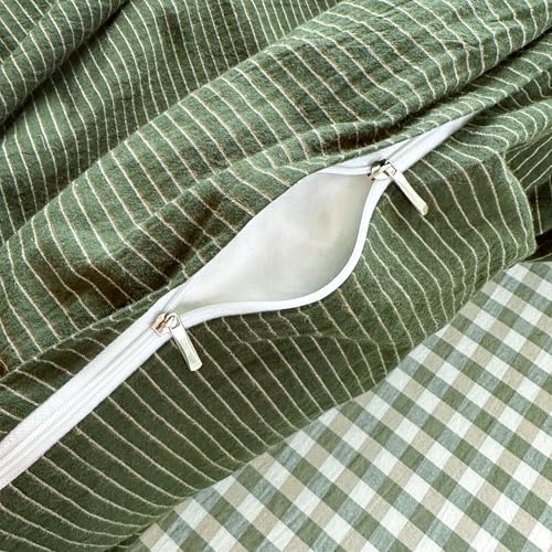 PinkMemory Green Striped Duvet Cover Set Queen Full 3pcs Olive Green Cotton