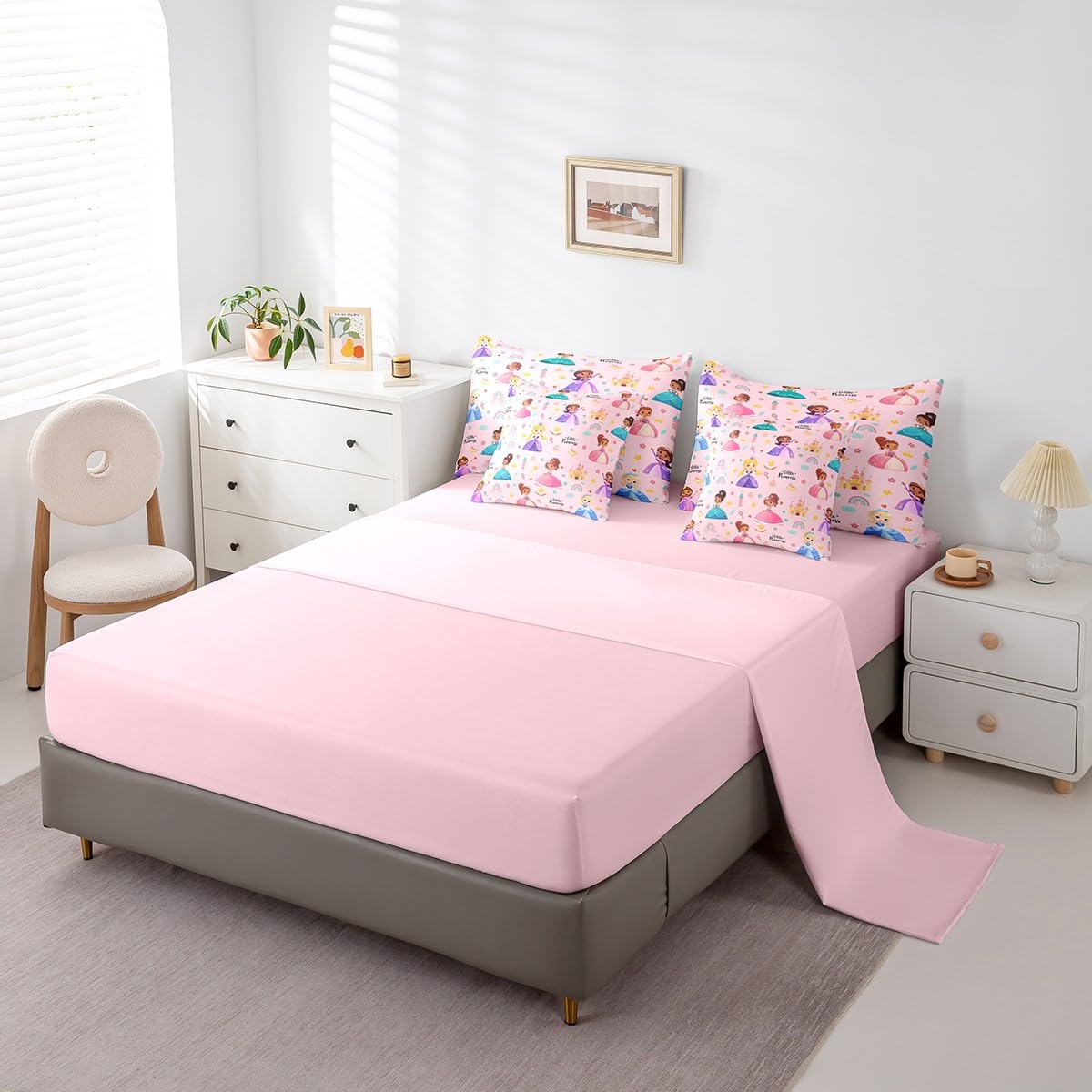 Erosebridal Kids Magical Princess 7 Piece Twin Comforter Set Bed in a Bag, Girly Cute Castle Microfiber Bedding for Sofa, Cartoon Rainbow Fitted Sheets Set for Kids Girls, Pink Princess Bed Set