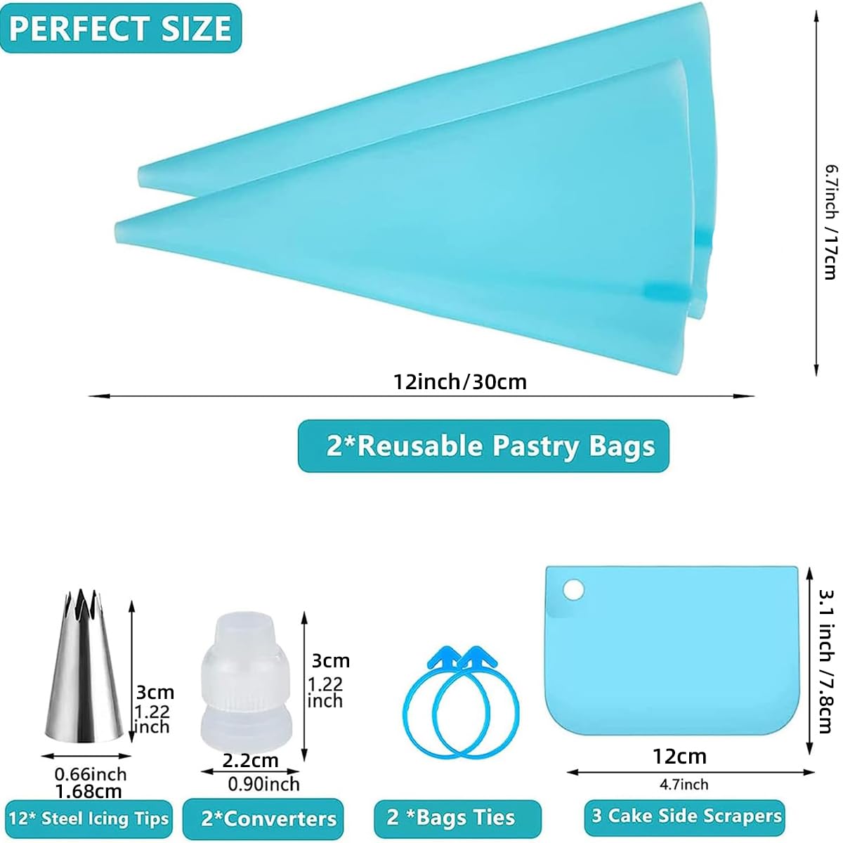 21pcs/set Cake Decorating Tools,Piping Bags and Tips Set;with 2pcs Reusable Icing Pastry Bags,Set Of 3 Scrapers,12 Different Icing Bags Tips, 2 Piping Bags Couplers and 2 Frosting Bags Ties