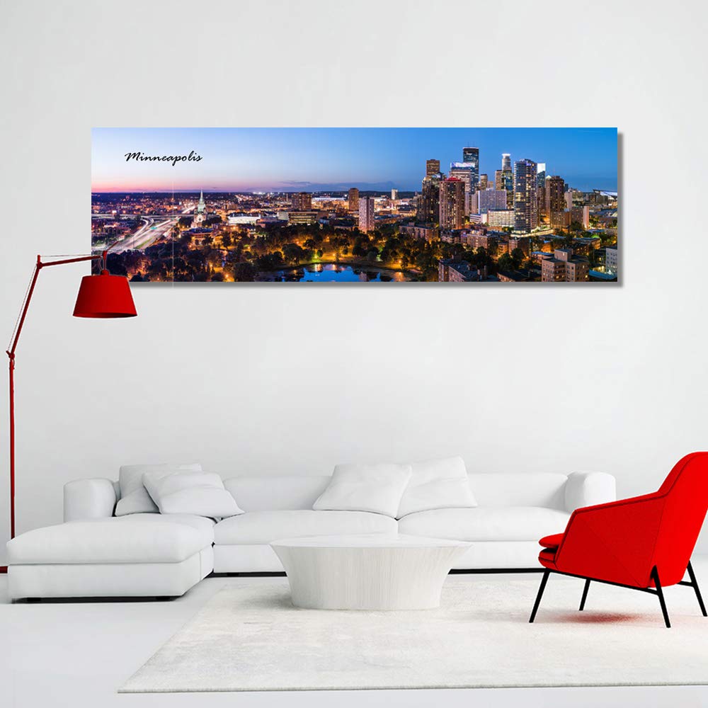 Minneapolis Skyline Wall Art for Living Room Cityscape Canvas Modern Home Decor Panorama Pictures City Building House Decorations Skyscraper Artwork Night View Posters and Prints 12x46 Inch 1 Panel