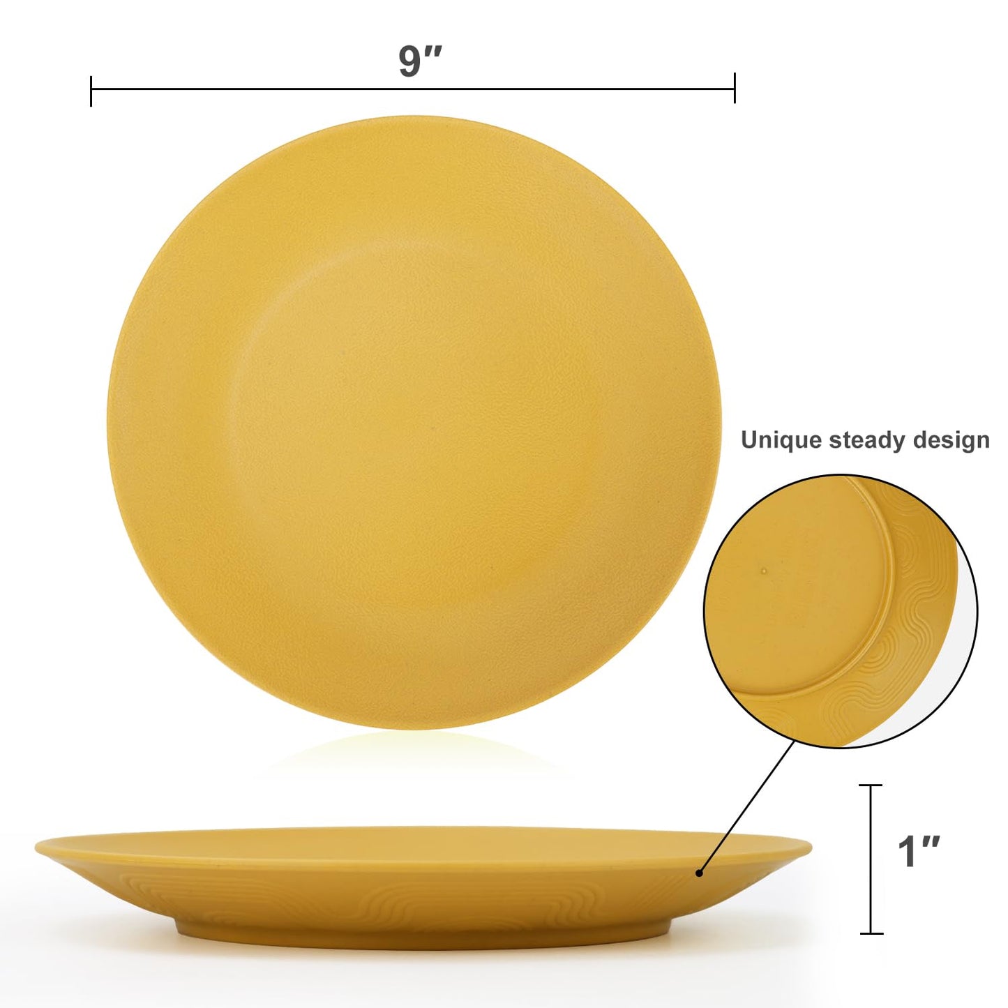 Homienly Flat Dinner Plates Set - 8 Microwave & Dishwasher Safe Wheat Straw Plates, Unbreakable, 9 inch Yellow