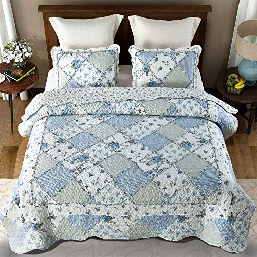 Oversized King Quilt Set Blue Floral Patchwork Alaska King Bedspread - VIVILINEN