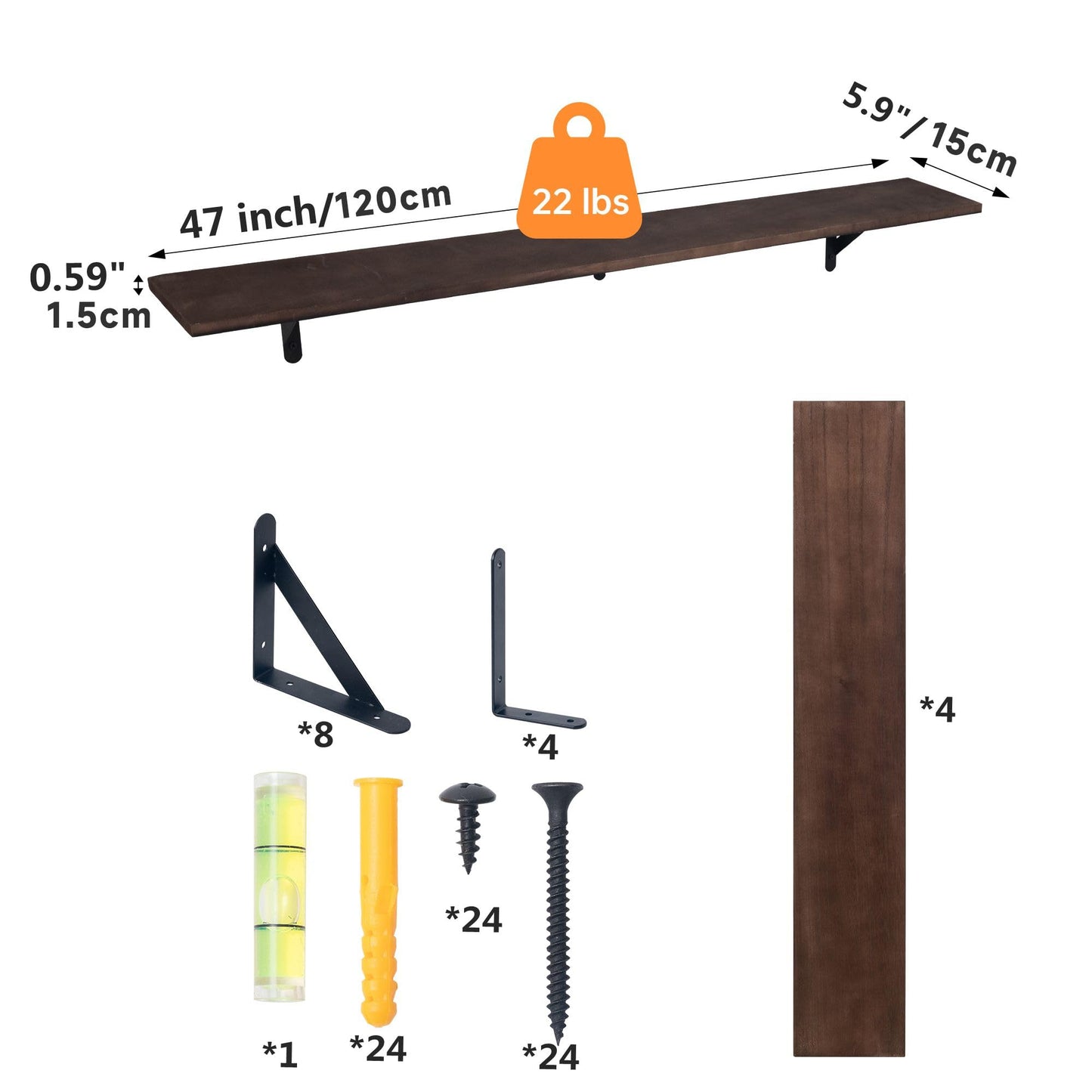 Huiyiaus Long Floating Shelves for Books,Wall Hanging Bookshelf Set of 4,Rustic Wall Mount Book Shelf Wood Extra Large for Livingroom Bedroom Kitchen Bathroom Home Office Decor,47 Inches(Dark Brown)