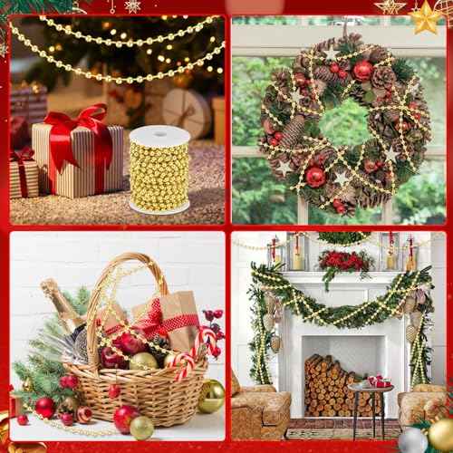 33 Feet Christmas Tree Beads Garland Artificial Pearls Beads Garland Plastic Pearl Strands Chain Beaded Garlands for Holiday D?cor and Christmas Party Wedding DIY Decoration Supplies (Gold)
