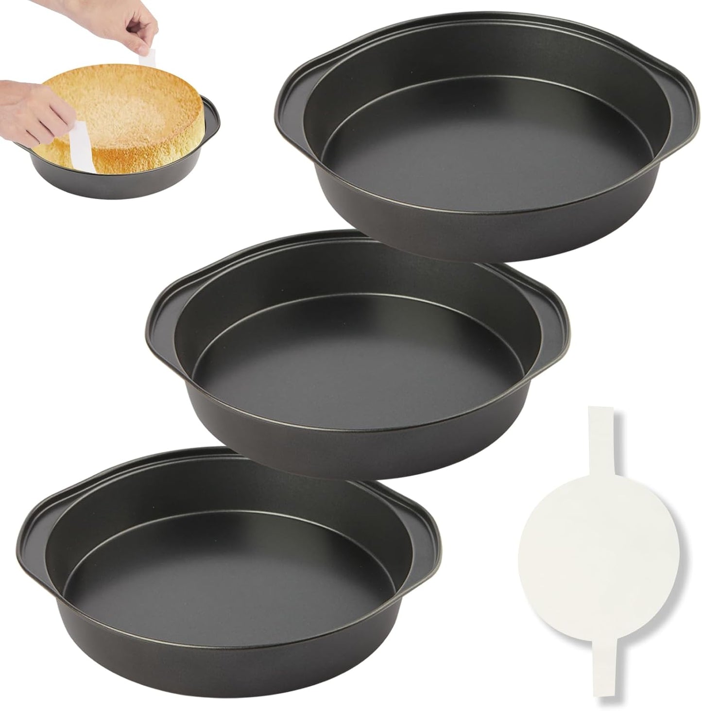 Skiennix 6-Inch Nonstick Cake Pans - 3-Piece Set with 100 Parchment Paper Sheets & Handles | Dishwasher Safe