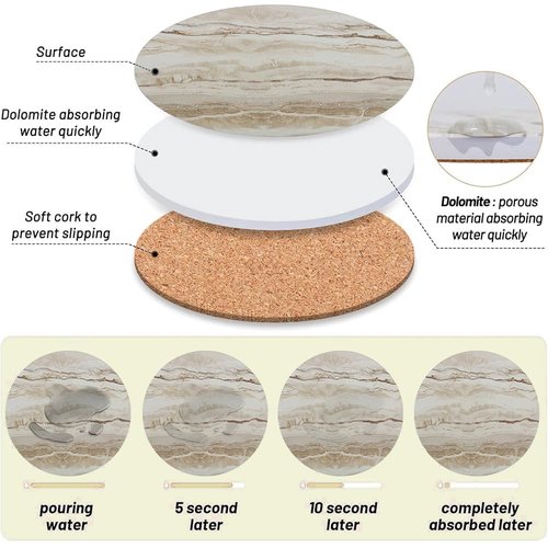 Ceramic Coasters Set of 6, Marble-Textured Design with Holder - Absorbent Cork-Backed Coasters for Cups, Bar & Coffee Table Decor Accessories (Khaki Marble, 4 Pack)