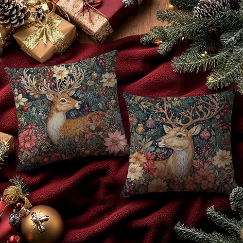 EUYTHNGYF Reindeer-2 Vintage Christmas Floral 18x18 Pillow Covers Set of 2