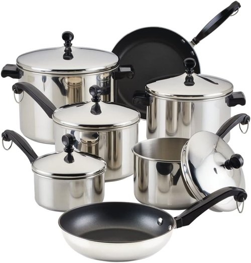 Farberware Classic Stainless Steel Cookware Set - 15-Piece Pots & Pans in Silver