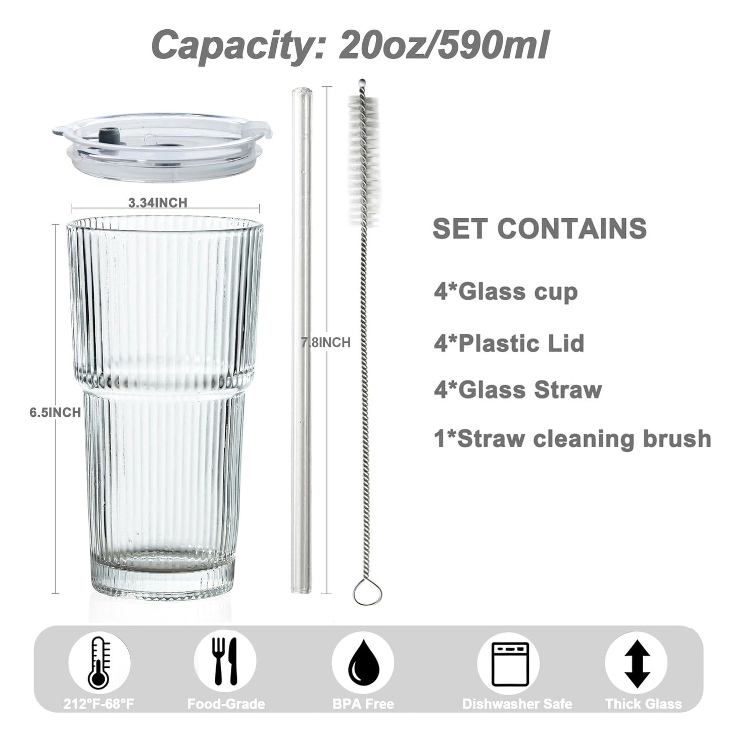 wangsdjy 20oz Ribbed Drinking Glasses with Lids and Glass Straws-Thickened Glass cup -Vintage glass straw cups- Ideal for Iced Coffees, Cocktails, Juices, Family Use and Parties (4)