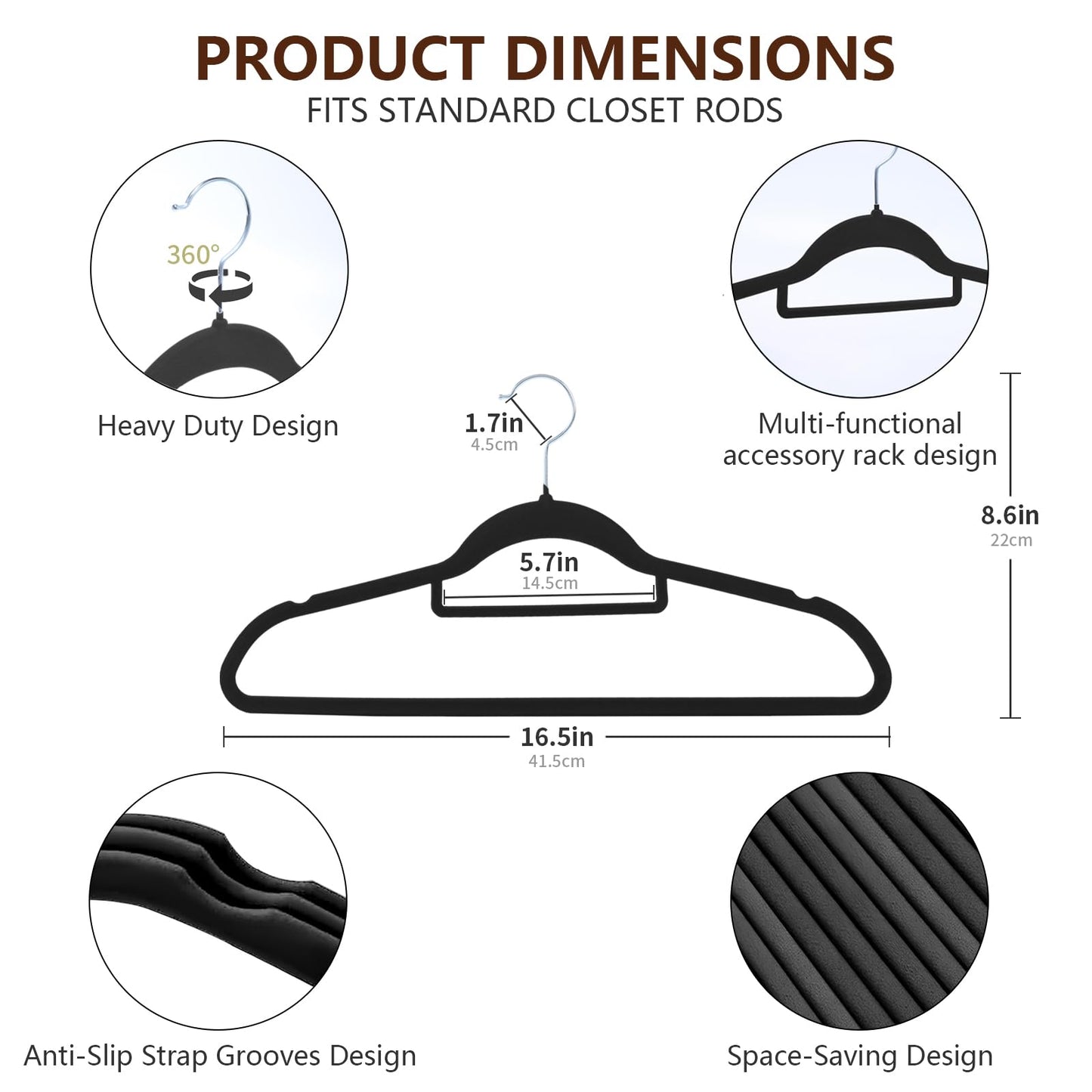 Slim Non-Slip Black Velvet Hangers, Space Saving Heavy Duty Felt Hangers with 360° Swivel Silver Hooks, 50 Pack