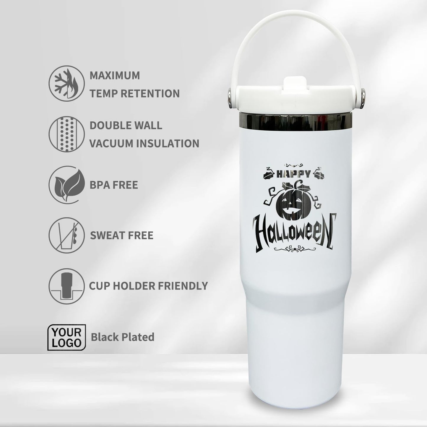 30 oz Tumbler with Handle, Double Wall Vacuum Insulated Tumblers with Flip Straw, Coffee Mug 30oz Powder Coated Cup for Hot and Cold Drinks(Black Plated, White,4 pack)