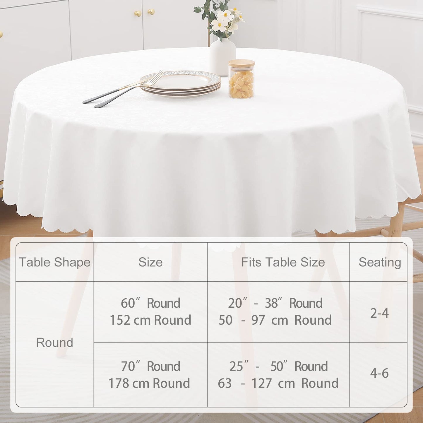 Smiry Round Table Cloth, Waterproof Heavy Duty Vinyl Tablecloths, Wipeable Washable Table Cover for Kitchen and Dining Room (White, 70" x 70")