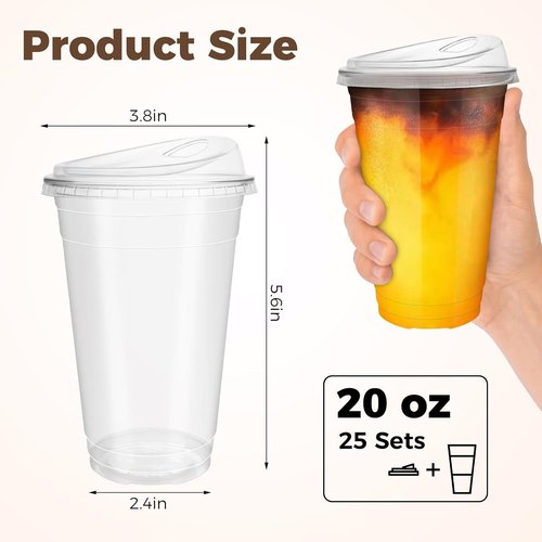 GGOLDMER 20 oz Clear Plastic Cups - 25 Sets with Strawless Sip Lids for Iced Coffee & Smoothies