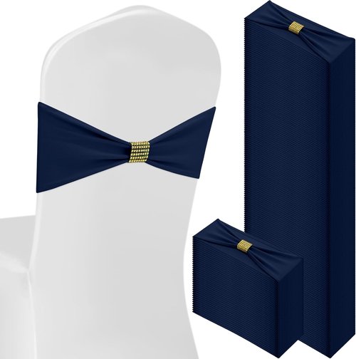 Hahafelt Spandex Chair Sashes with Rhinestone Buckle - 100 Pcs Navy Blue Bowknot Ties for Weddings & Events