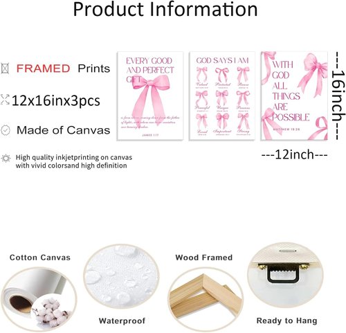 Coquette Pink Bow Wall Art | Inspirational Bible Verse Decor | 12x16 Inch Set of 3 for Teen Girls