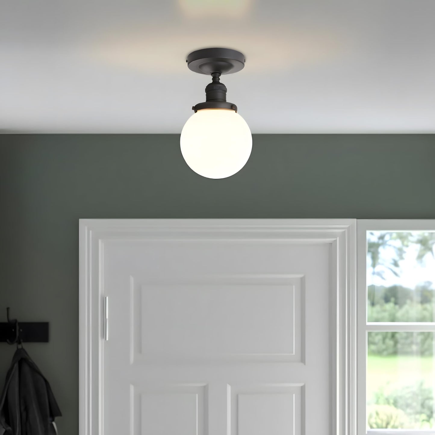 JIMUBEAM Industrial Semi Flush Mount Ceiling Light, Milk White Globe Glass Pendant Lamp Shade, Close to Ceiling Light Fixture for Porch, Hallway, Entryway, Kitchen, Bedroom, Hotel