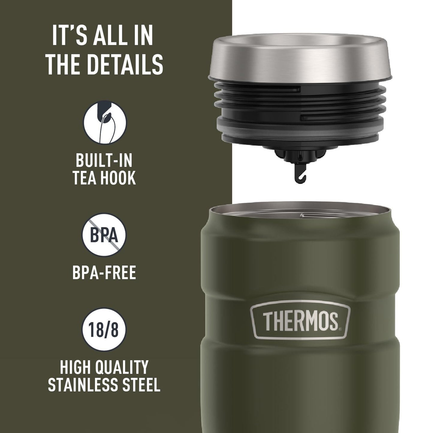 THERMOS Stainless King Vacuum-Insulated Stainless Steel Tumbler - 16oz, Army Green - Insulated Coffee Tumbler for Hot & Cold Drinks - Leak-Proof & Sweat-Proof for Commuting & Traveling
