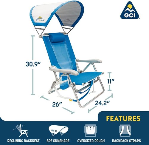 GCI Outdoor Beach Chair - Reclining Sunshade Backpack Chair with Durable Armrests & Drink Holder | Saybrook Blue