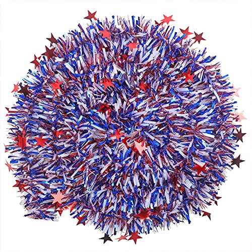 CCINEE 33FT 4th of July Tinsel Garland,Patriotic Metallic Star Garland for Independence Memorial Day Tree Banister Fireplace Home Party Decoration