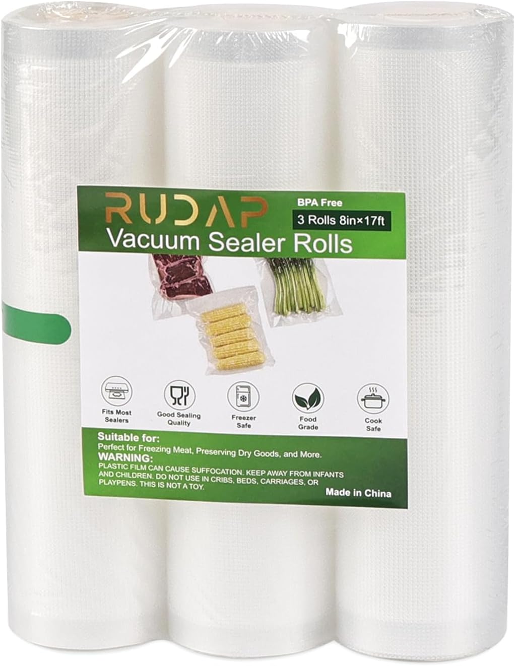 Skiennix Vacuum Sealer Bags - Heavy Duty BPA-Free 3 Rolls 8" x 16' for Food Storage & Meal Prep
