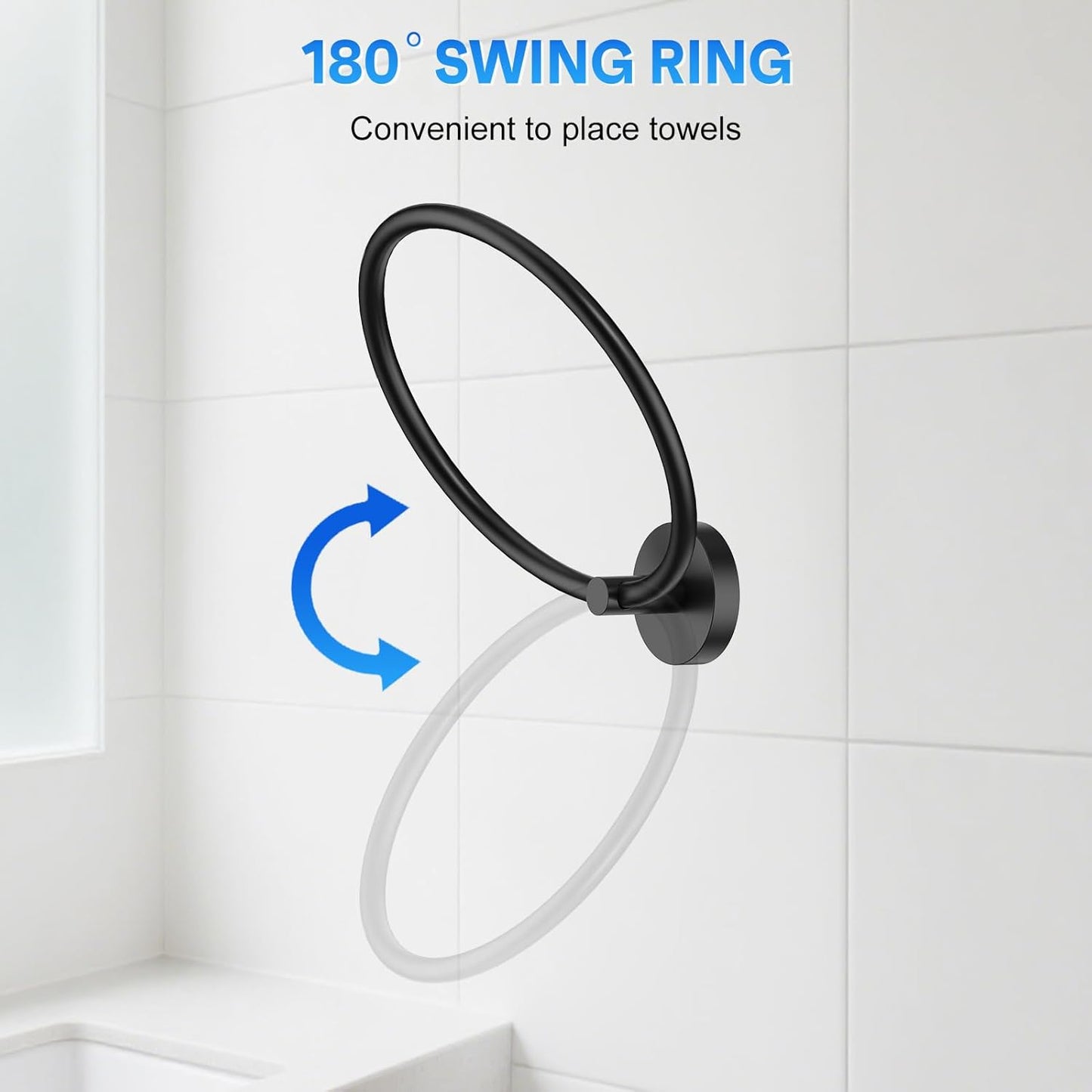 Skiennix Hand Towel Holder - Matte Black Stainless Steel Towel Ring for Bathroom Wall | Round Design