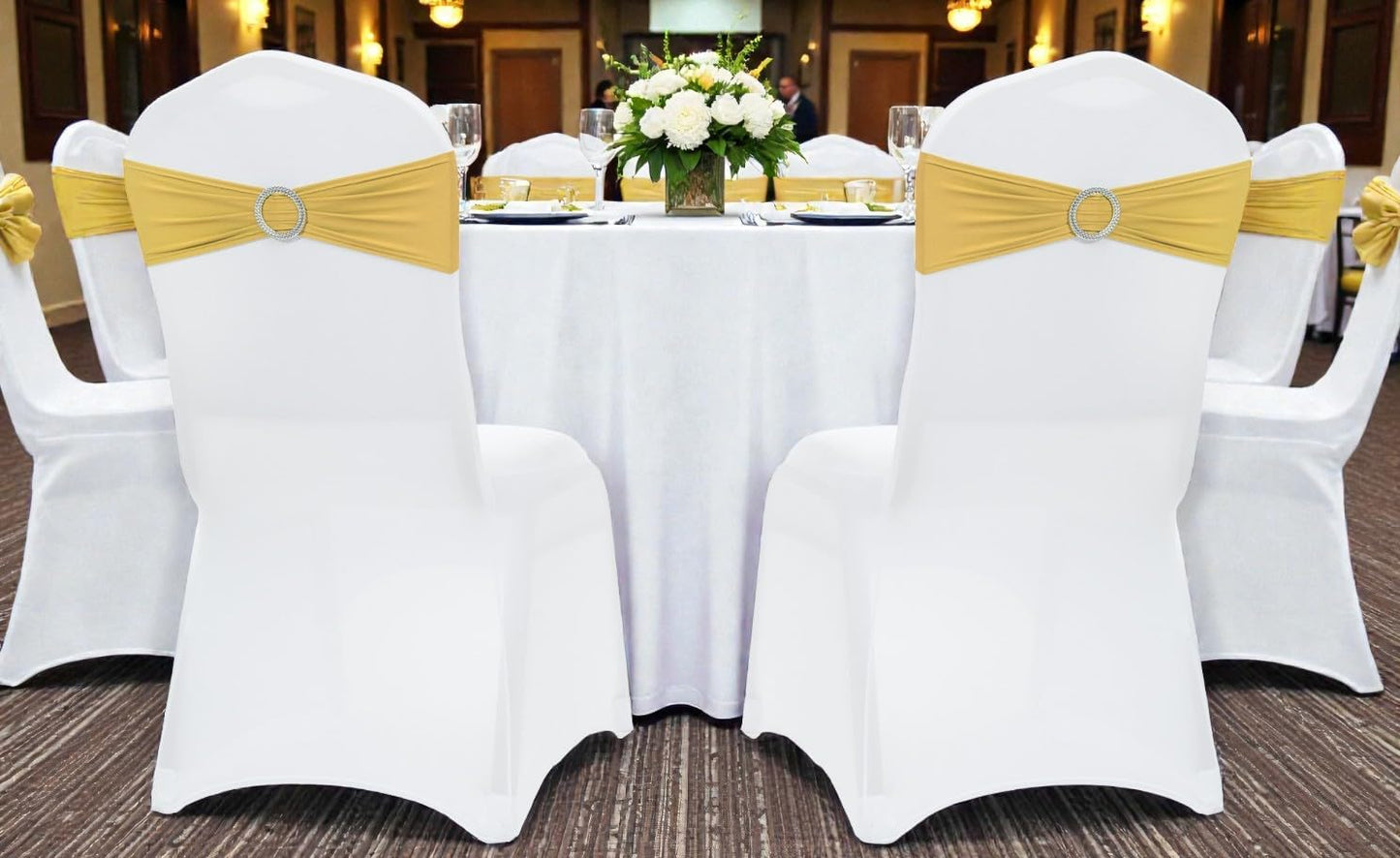 MDS Spandex Chair Sashes - Premium Stretch Covers with Buckle Slider | Universal Fit for Weddings & Events - Gold (Pack of 50)