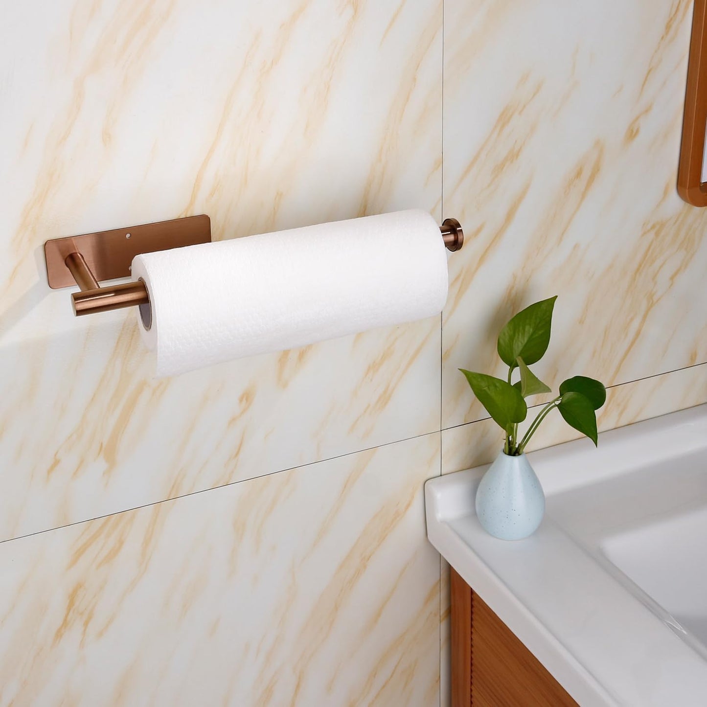 YaoJooHome Premium Paper Towel Holder | Wall Mounted, Self-Adhesive or Screws, Rose Gold Finish