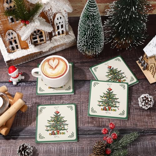 Vintage Christmas Tree Ceramic Coasters Set of 4 - Holiday Drink Mats for Home & Gifts