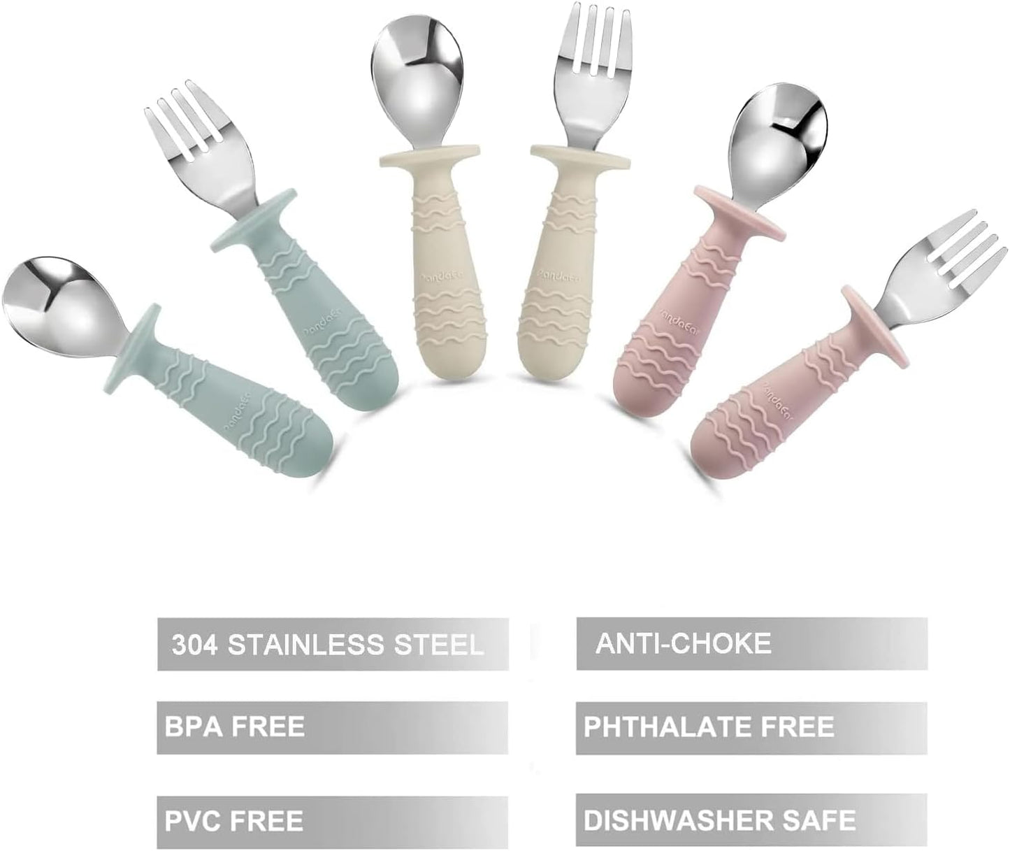 PandaEar Baby Toddler Utensils Set - 6-Piece Silicone & Stainless Steel Silverware | BPA-Free, Anti-Choke Design (Blue, Pink, White)
