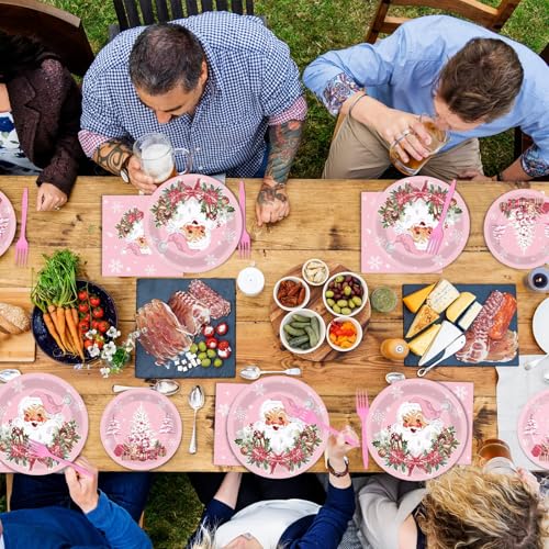 Pink Christmas Party Tableware Set - Disposable Plates, Napkins & Forks for Holiday Celebration