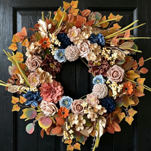 24-Inch Fall Flowers Wreath with Eucalyptus and Maple Leaves for Front Door