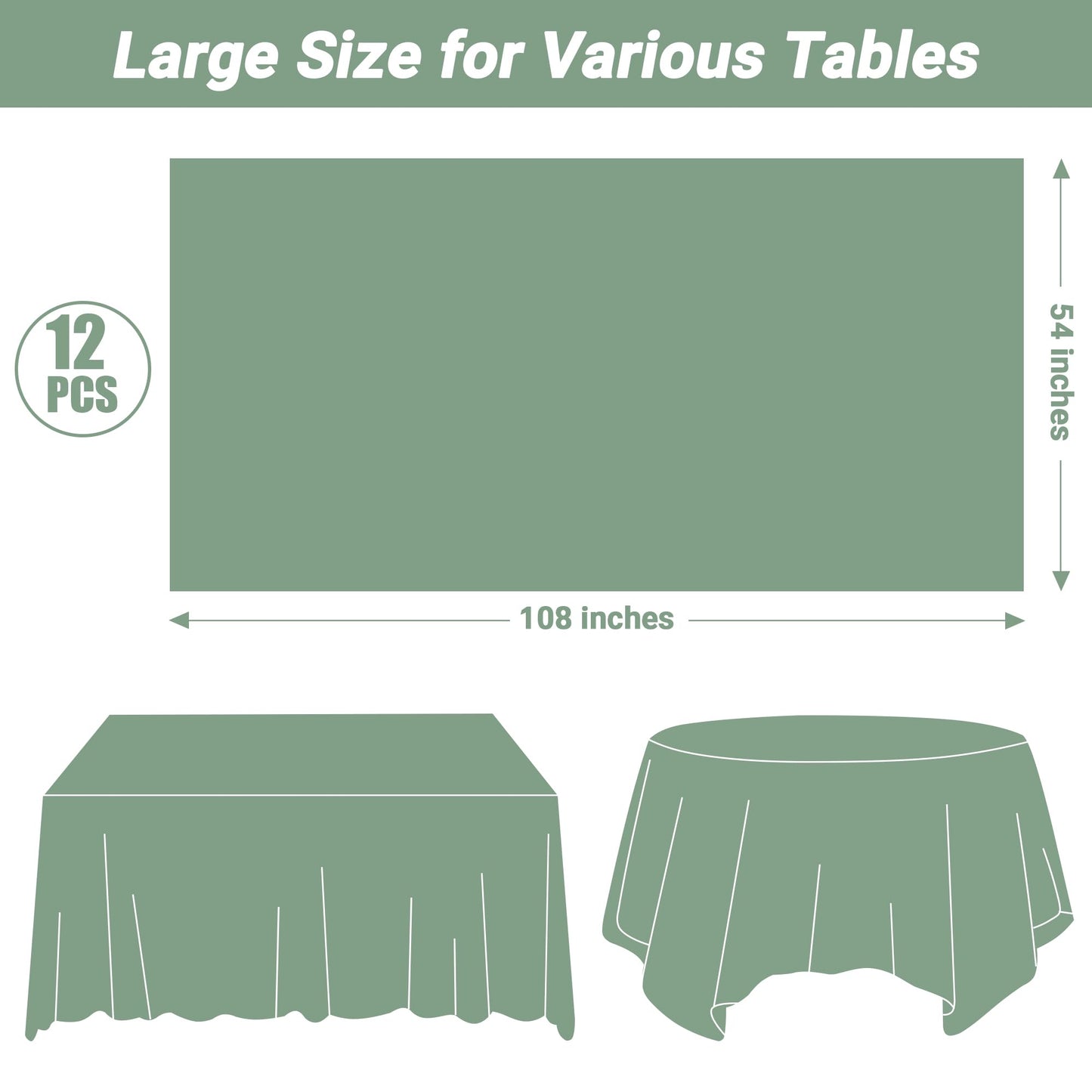 QZYL 12 Pcs Rectangle Tablecloth, 54 X 108 Inches Plastic Table Cover, Sagegreen Disposable Table Cloth Party Decorations, Robust Table Cover Birthday Party, Baptism Decorations and Home Essentials