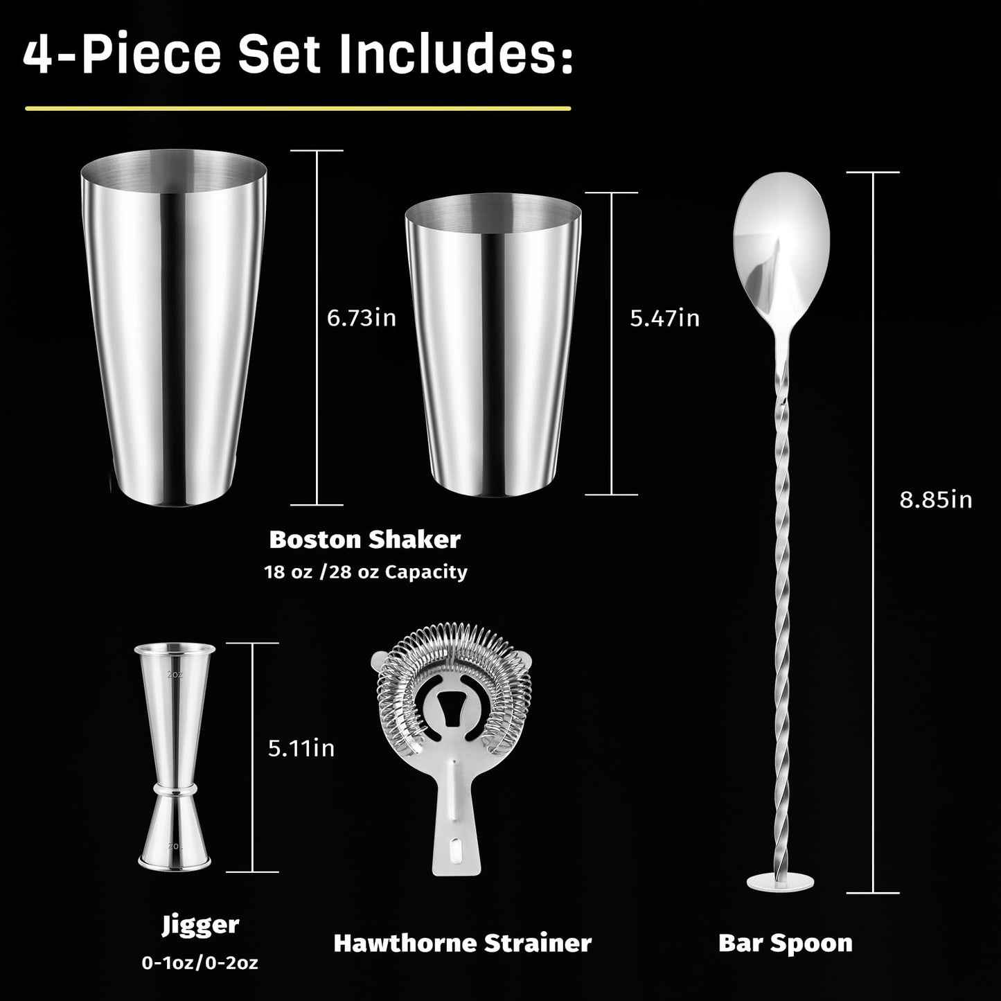 Nexsujo Boston Cocktail Shaker Set, 4-Piece Bar Tools Set, Professional Bar Set with Boston Shaker, Bar Spoon, Jigger, Hawthorne Strainer, Stainless Steel, Dishwasher Safe, Ideal Bartender Kit for Bar