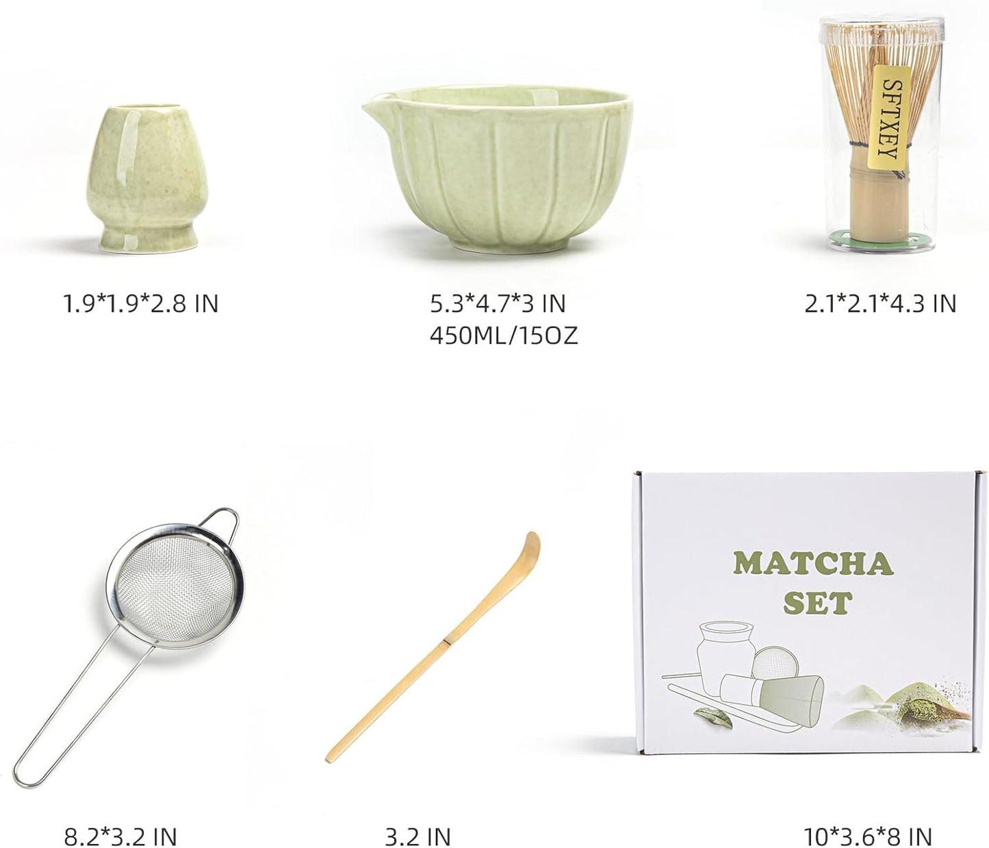 Skiennix Matcha Whisk Set - Complete 5-Piece Kit with Ceramic Bowl, Bamboo Whisk, and Sifter | Mottled Green