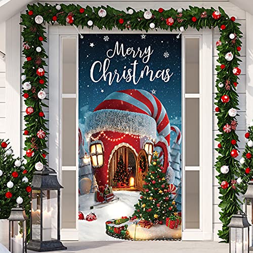 Irenare Christmas Decorations Merry Christmas Door Cover Xmas Background Banner Xmas Door Hanging Covers Photo Booth Props for Winter Party Decorations Supplies, 70.9 x 35.4 Inch (Classic Style)