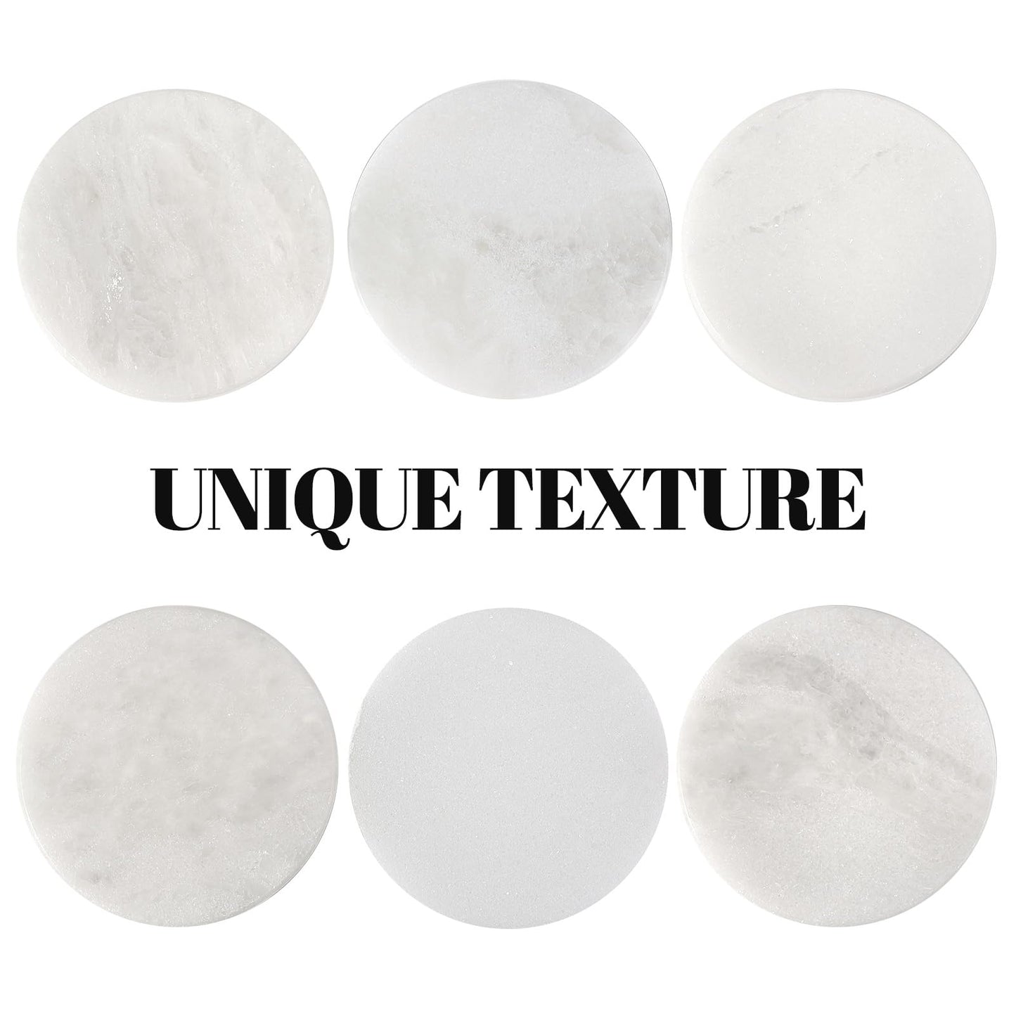 Koville White Marble Coasters Set of 6 for Coffee Table, 3.9" Inches Handmade Round Coaster, Luxury Aesthetic Modern Drink Coaster for Table Décor Home Décor, Coasters for Dining, Bar or Office