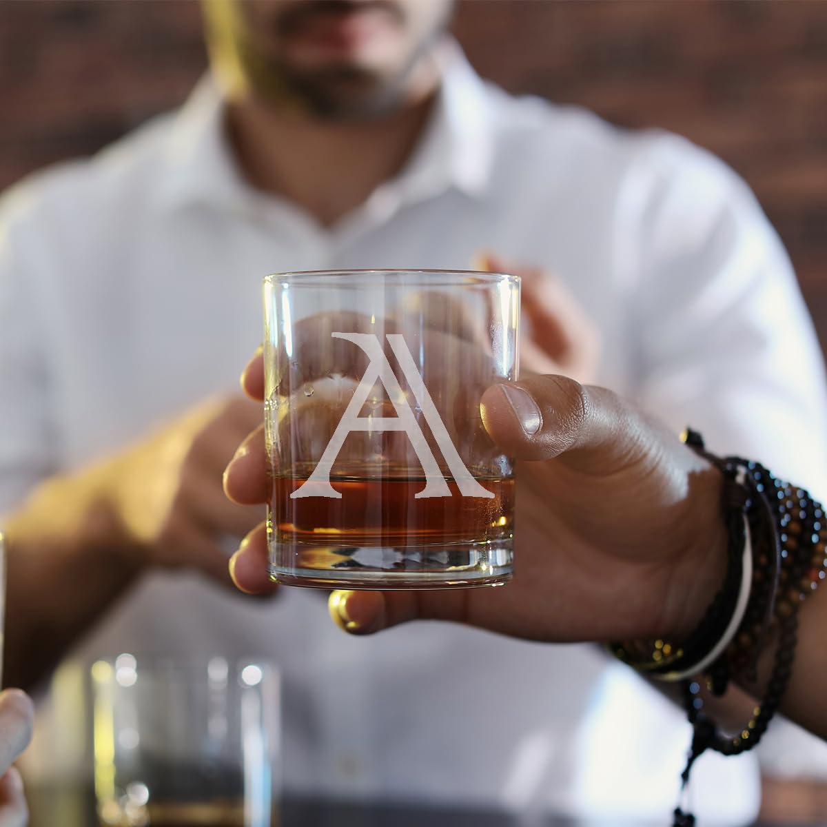 Orchers Personalized Scotch Whiskey Glass Engraved - Initial and Matching Leather Coaster (Single, [A])