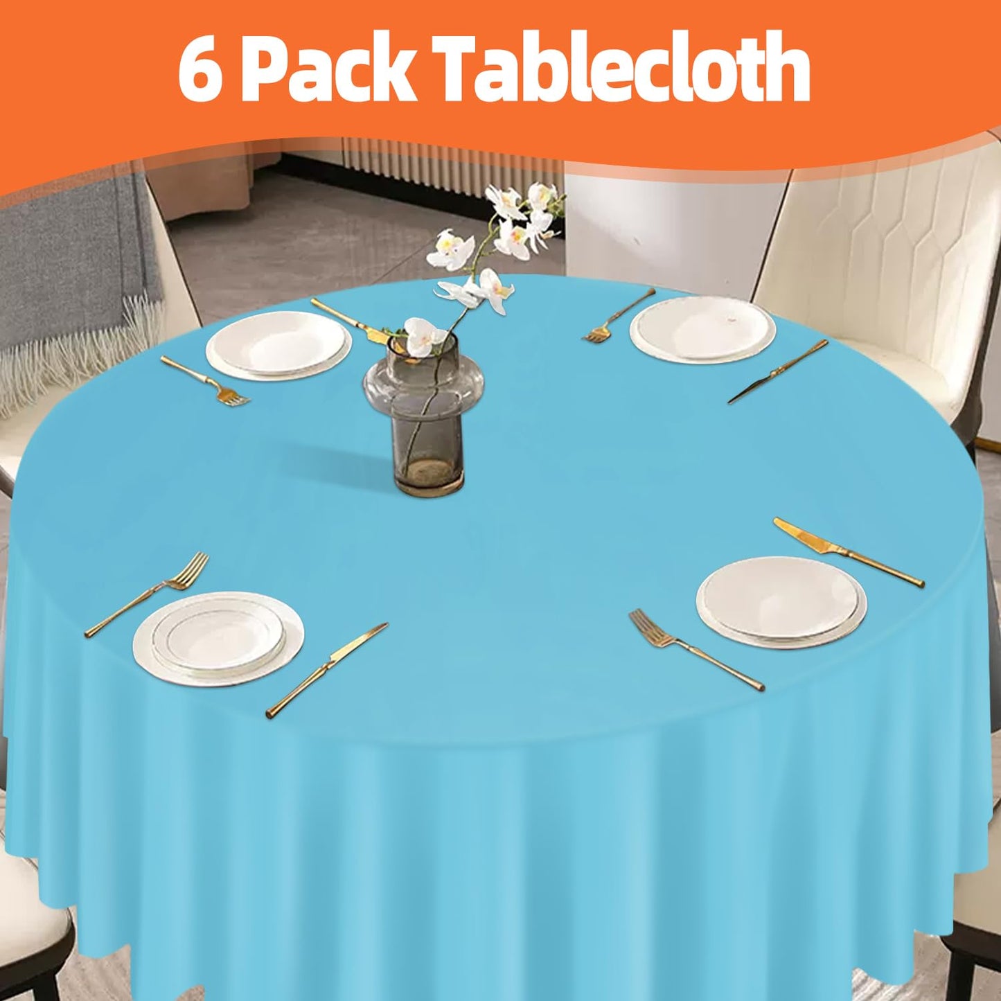 Light Blue 6 Pack Plastic Table Cloth 84", Disposable Round Tablecloth Table Cover, Plastic Tablecloths for Parties