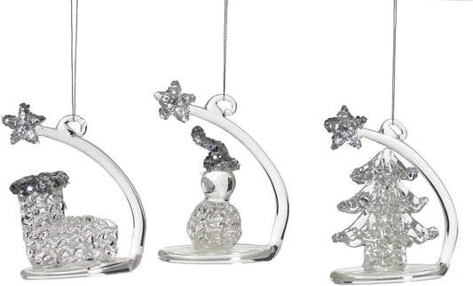 Glitter Christmas Ornaments Set of 3 - Boot, Tree & Snowman Glass Decor - 2.25” H x 1.75” W