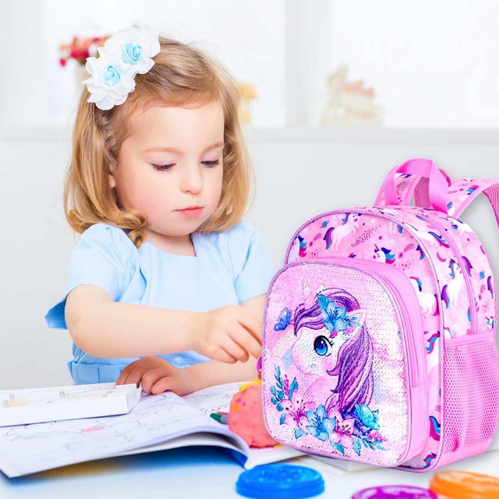 KLFVB Toddler Backpack for Girls, Cute Unicorn Bookbag for Little Kids, 12” Sequin Kindergarten Preschool Schoolbag