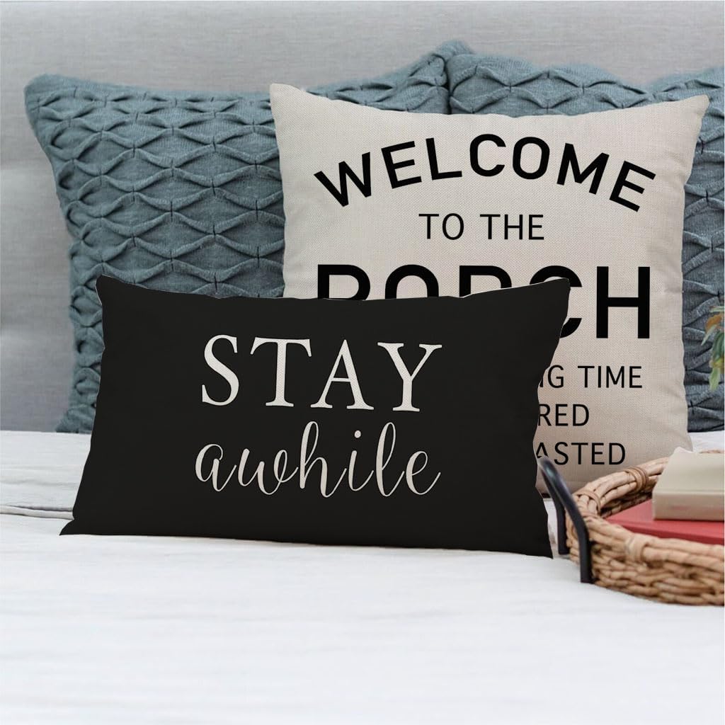 PANDICORN Outdoor Lumbar Throw Pillow Covers - Cozy Black and White Farmhouse Design | 12x20 Inch Set of 2