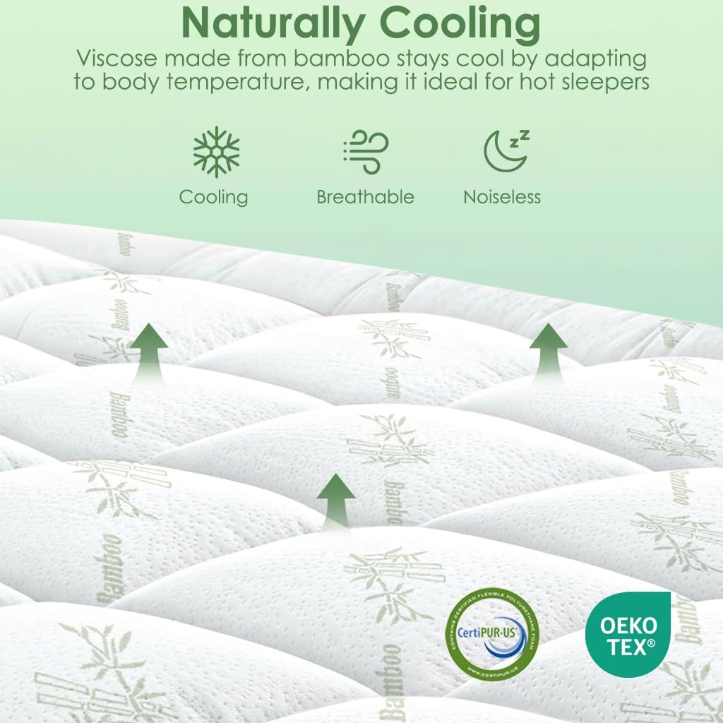 Skiennix Queen Mattress Topper - Cooling Bamboo Viscose Pillow Top Pad for Deep Pocket Mattresses, Green