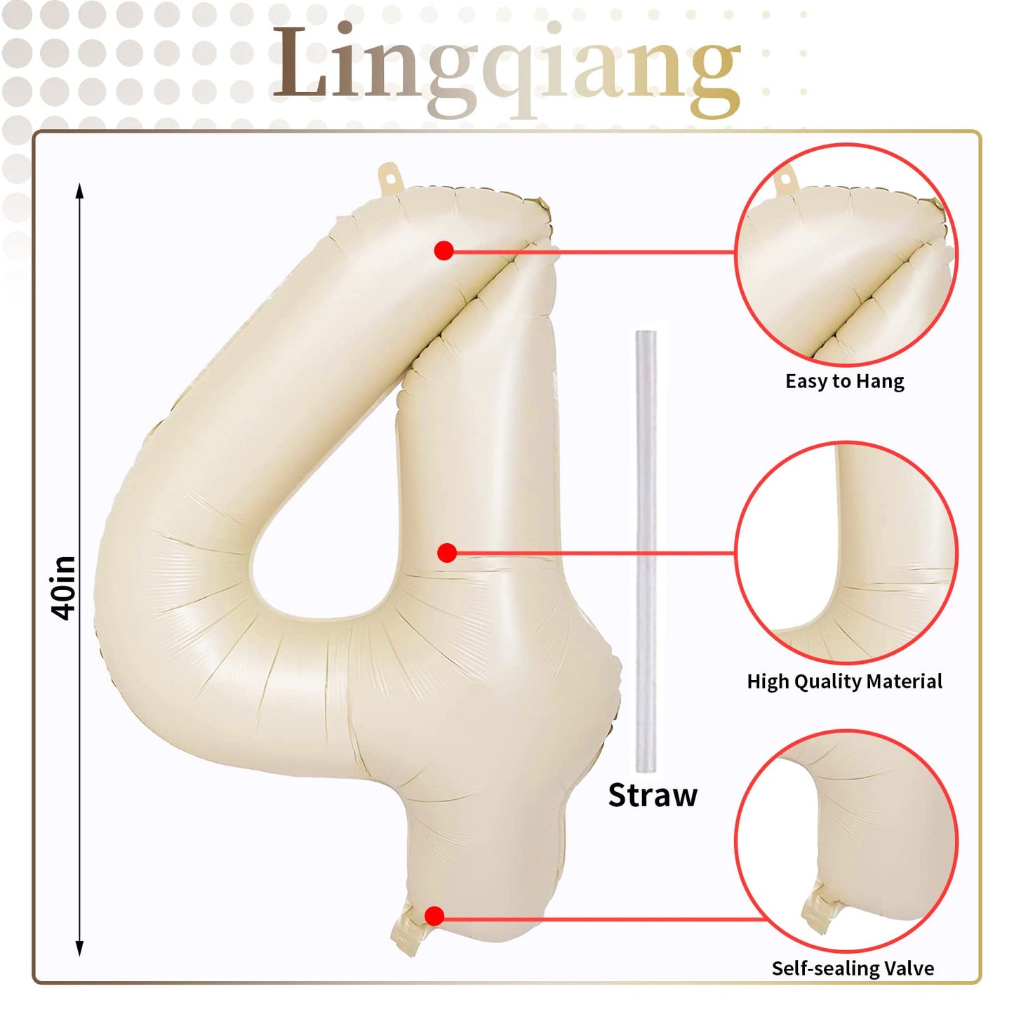 Cream 4 Balloons, 40 Inch Large Beige Foil Number Balloons Set 0-9, Self Inflating White Sand Digital 4 Helium Balloon for Boys Girls Women Birthday Anniversary Party Decorations Photo Shoot Supplies