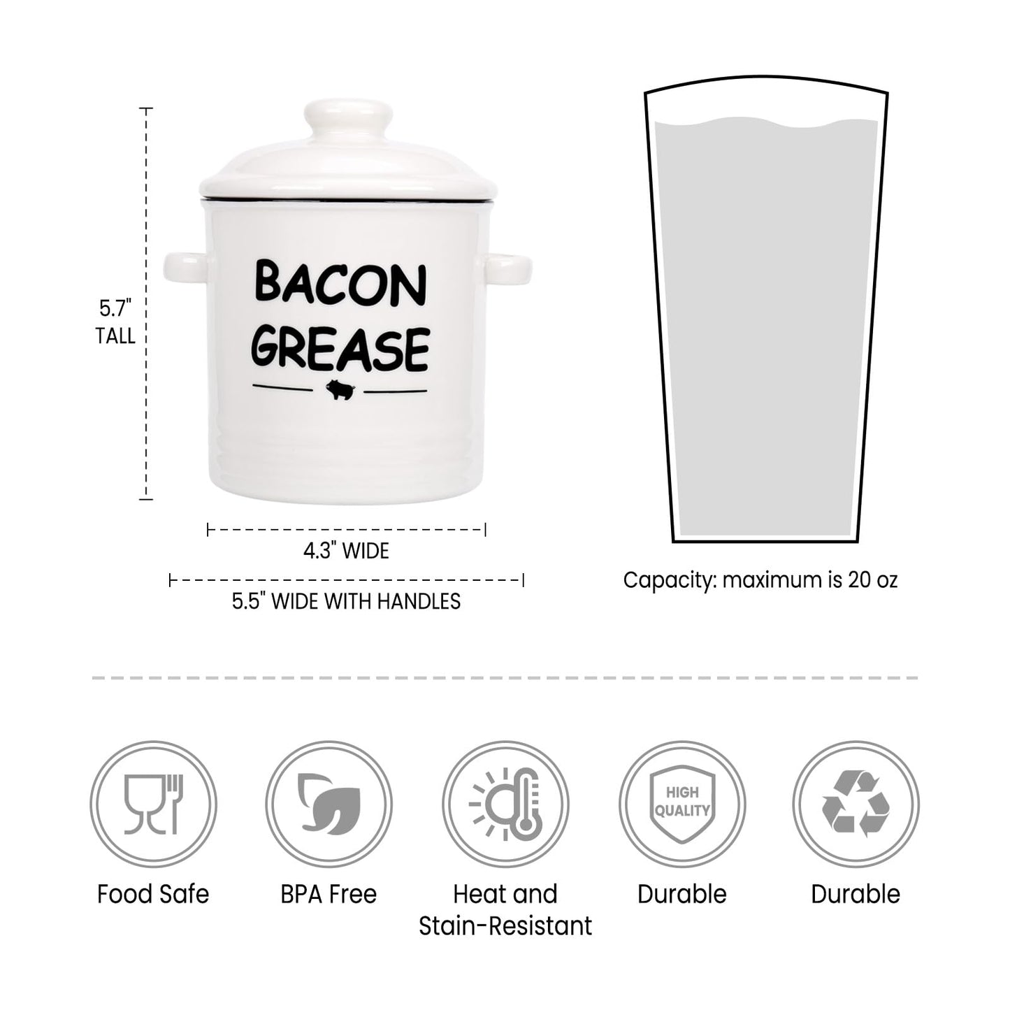 SOLIGT Ceramic Bacon Grease Container with Strainer - 600ml / 20oz Farmhouse Bacon Grease Keeper with Easy-Grip Handle, Bacon Fat Can for Grease Drippings and Storage - Creamy-white