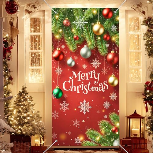 IVN Christmas Red Door Cover Banner with Ornament Branch - 71x35 Inch