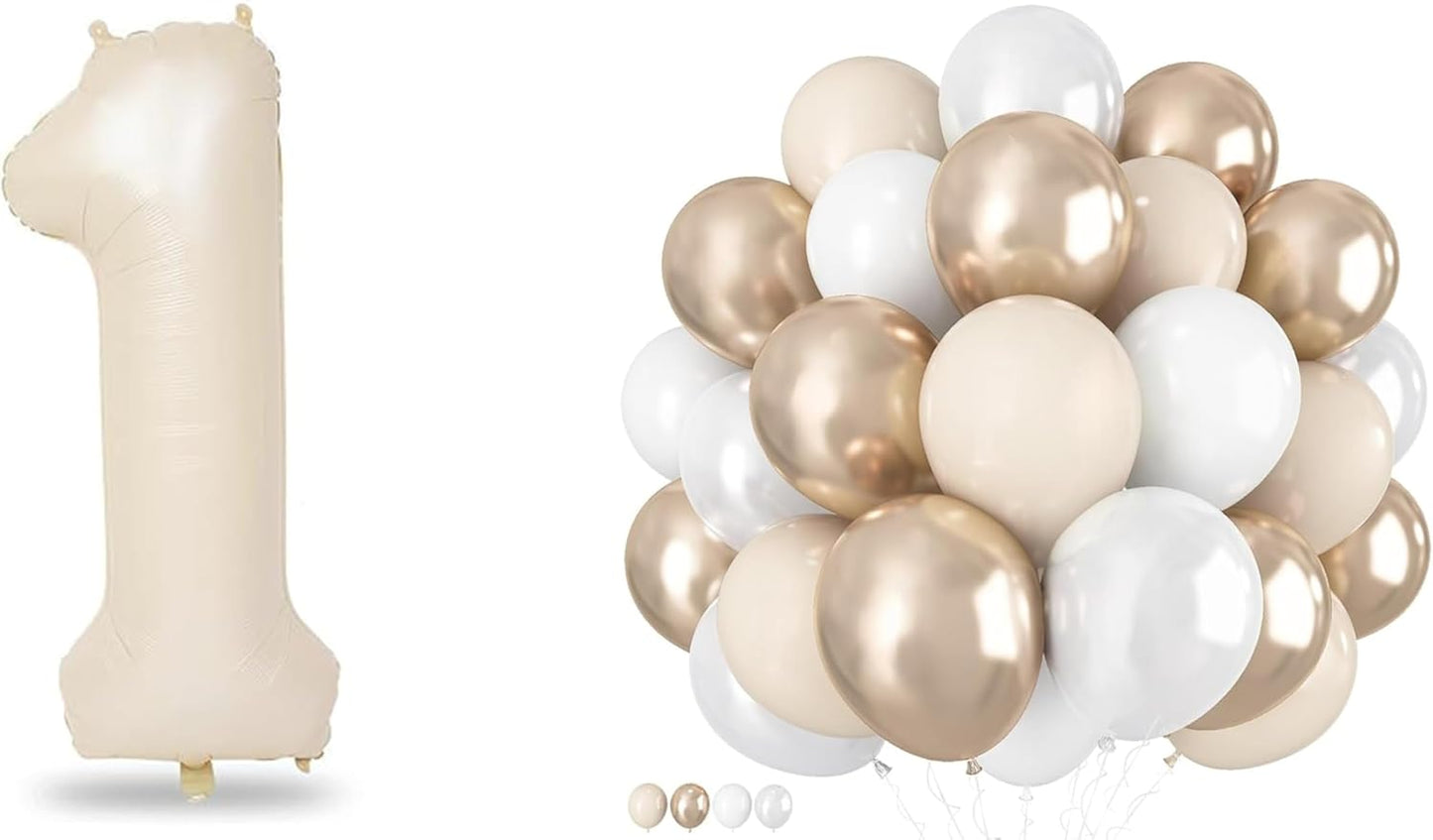 Skiennix 40-Inch Number 1 Balloon - 60 Pcs White Gold & Nude Cream Confetti Balloons for 1st Birthday & Boho Wedding Decor