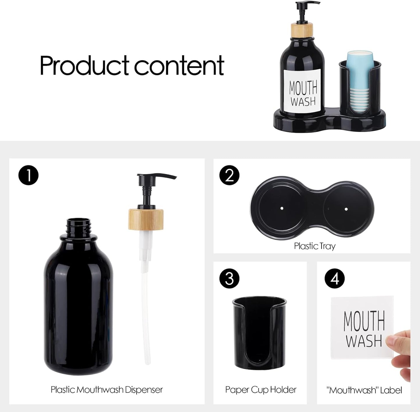 Regine Switzerland Mouthwash Dispenser - 16oz Plastic Holder with Cup and Tray - Black