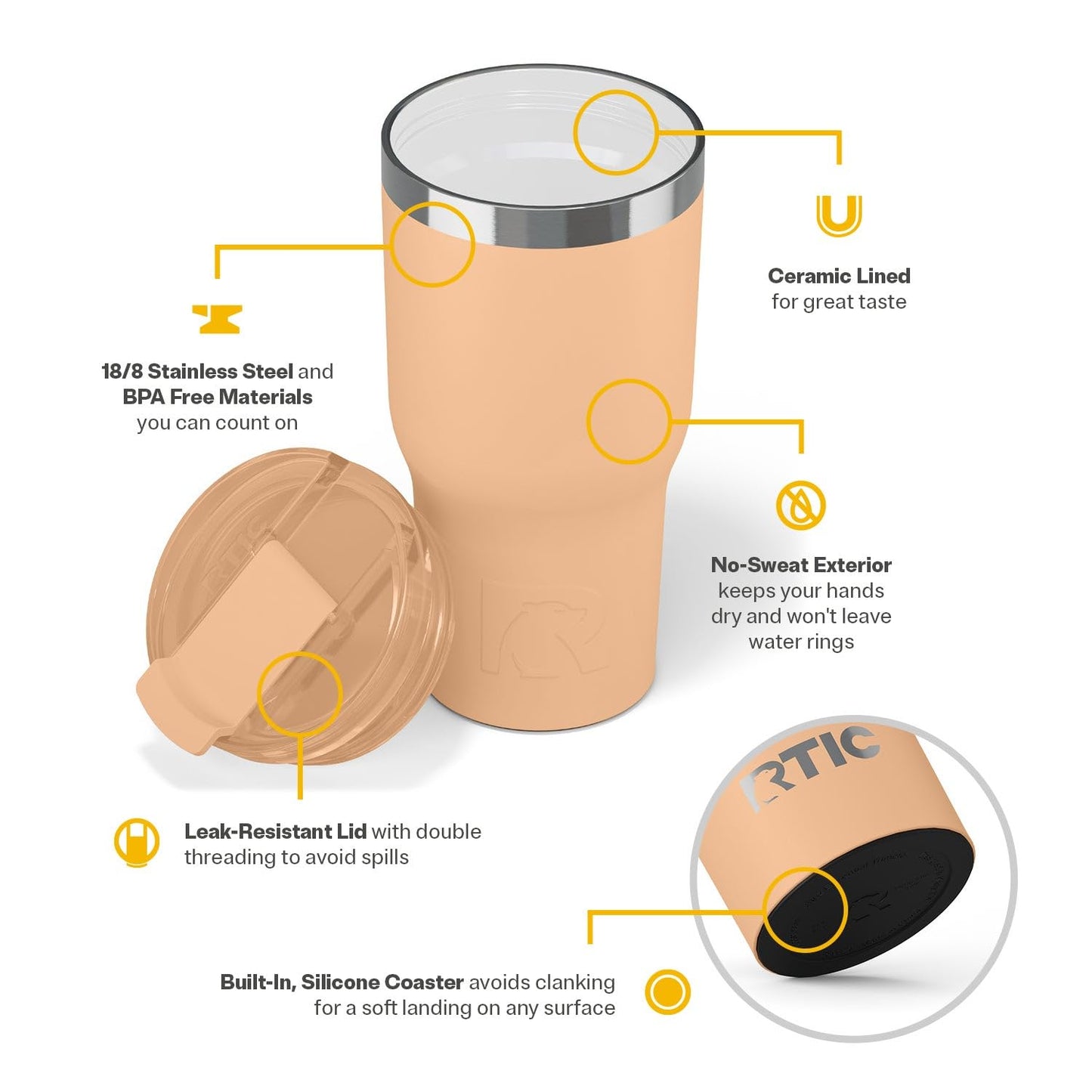 RTIC 20oz Essential Tumbler with Lid, Ceramic Lined, Insulated, Stainless Steel, Metal, Double Wall Vacuum-Insulation, Travel Cup for Iced Coffee, Tea, Hot and Cold Drink, Peach Tea