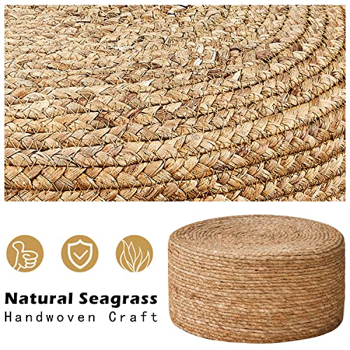 Natural Seagrass Foot Stool Pouf with Pine Legs - Handwoven Round Ottoman, Soft & Durable